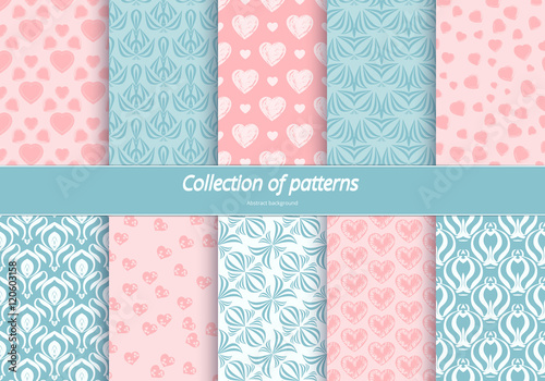 Set of seamless patterns. Romantic background with pastel colors. Backdrop with hearts and stylized flowers. Delicate ornament for design. Vector illustration. 