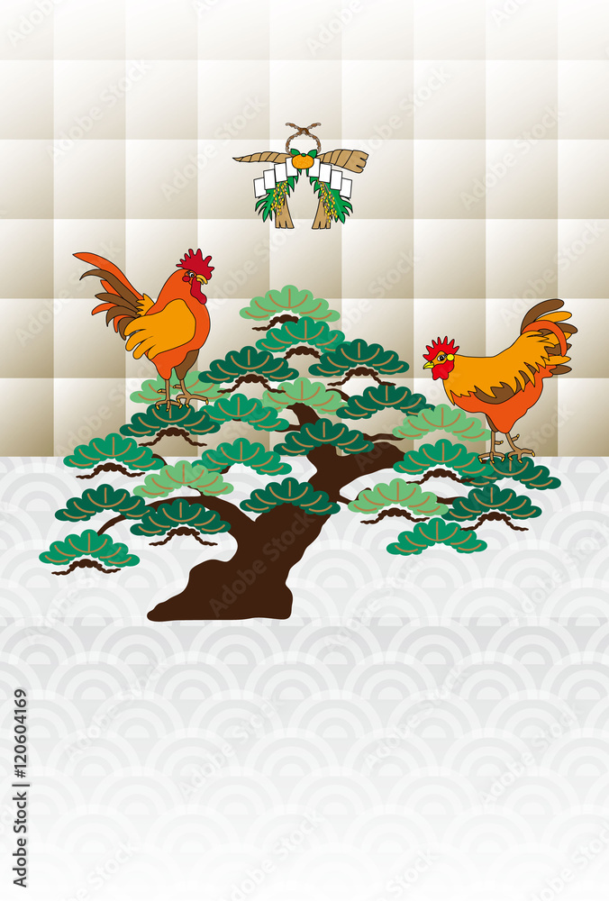 にわとりと松の木としめ縄のイラストepsベクター年賀状テンプレート素材 Stock Vector Adobe Stock