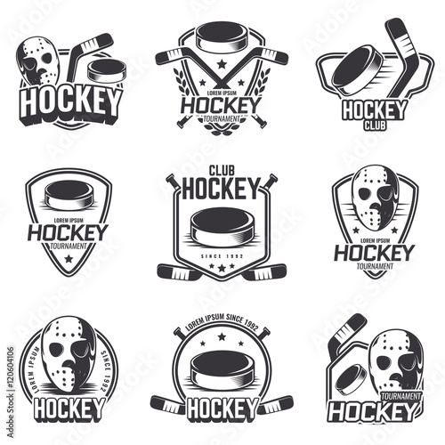 The logos on the theme of sport. Posters, stickers, emblems, logos for hockey. Different frames, objects sports design. Vector set of hockey emblems.