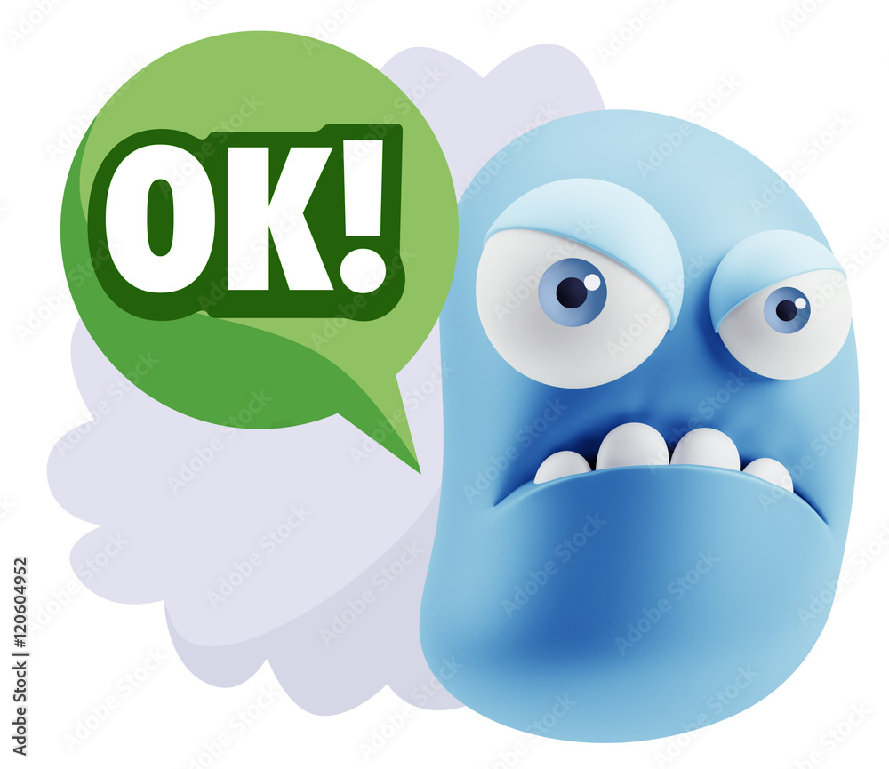 3d Illustration Angry Face Emoticon saying OK with Colorful Spee 3d Illustration Angry Face Emoticon saying OK with Colorful Spee