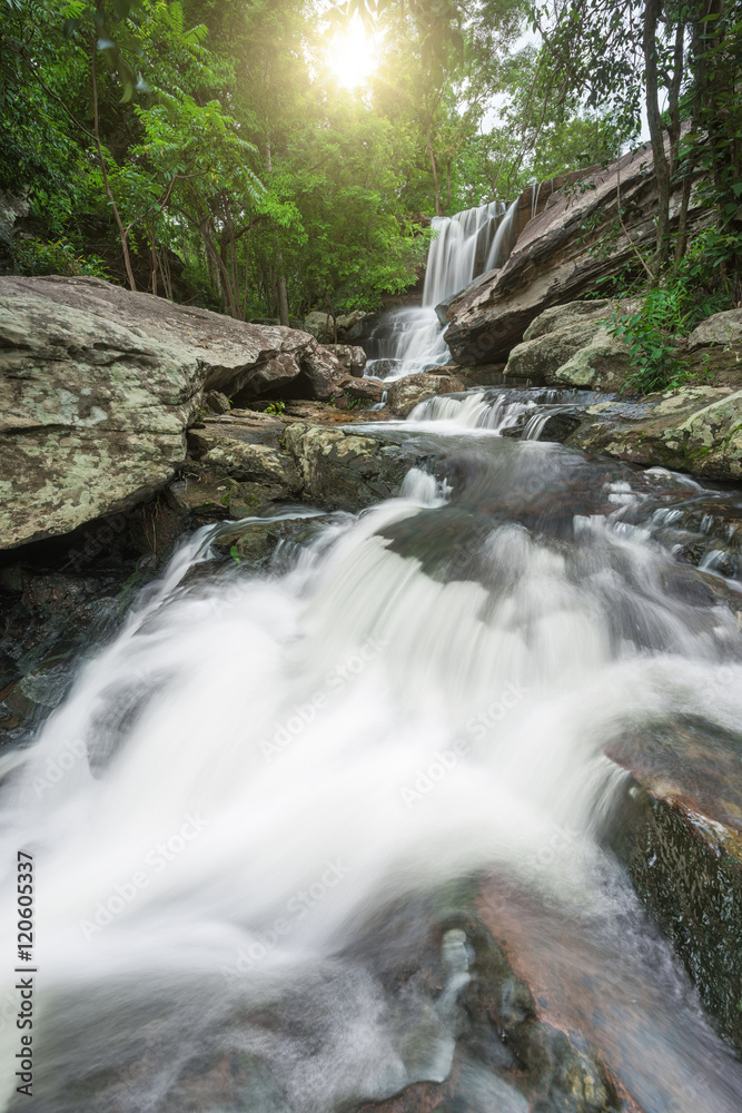 Beautiful waterfall with sun reflection at deep tropical rain forest in Thailand. Beautiful waterfall with sun reflection at deep tropical rain forest in Thailand.