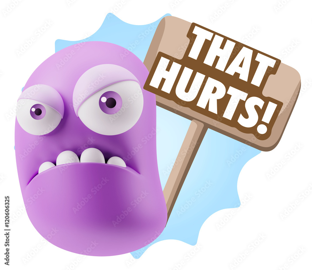 3d Illustration Angry Face Emoticon saying That Hurts with Color