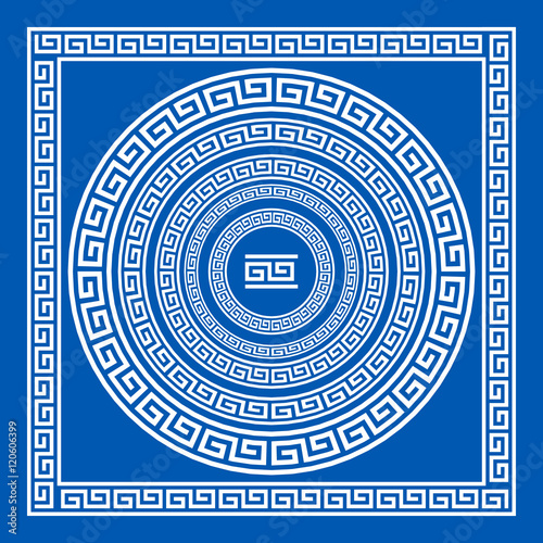 Set of vector brushes to create Greek Meander patterns and samples of their application for round and square frames. Greek borders. Blue color isolated on white background art