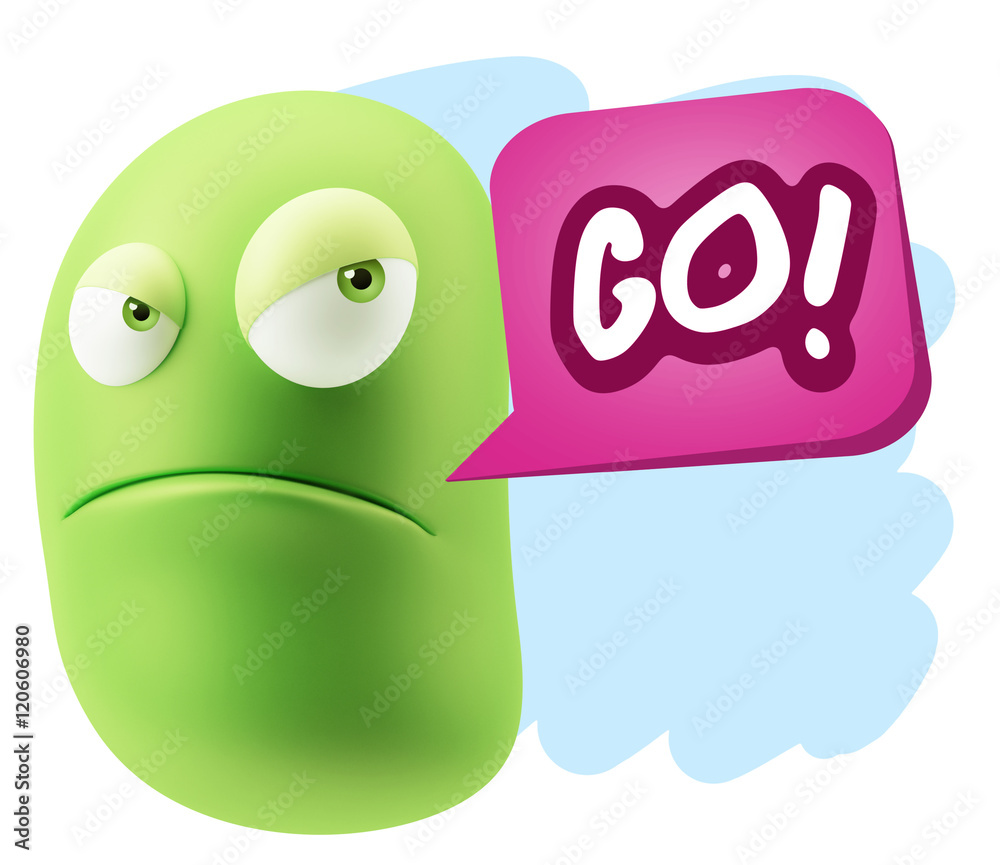 3d Illustration Angry Face Emoticon saying Go with Colorful Spee 3d Illustration Angry Face Emoticon saying Go with Colorful Spee