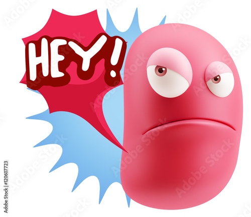 3d Illustration Angry Face Emoticon saying Hey with Colorful Spe