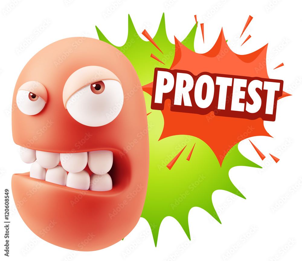 3d Illustration Angry Face Emoticon saying Protest with Colorful 3d Illustration Angry Face Emoticon saying Protest with Colorful