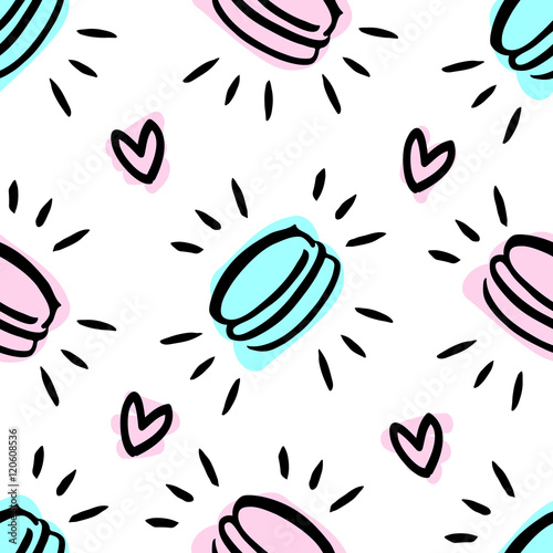 Cute pattern with macaroon (French confection of egg whites, icing sugar, ground almonds and food coloring), and with hearts. Can be used on mugs, packaging, phone case and other design.