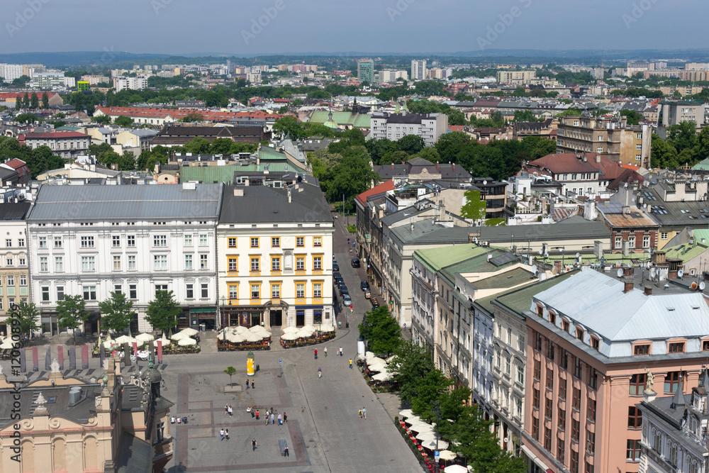 Aerial view of the north-eastern part of the Main Market Square of Krakow, the old buildings and the Spiski palace.
