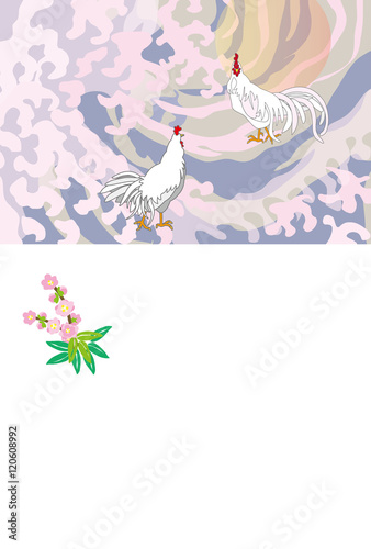 にわとりと梅の花のイラストepsベクター素材　ハガキサイズの年賀状テンプレート