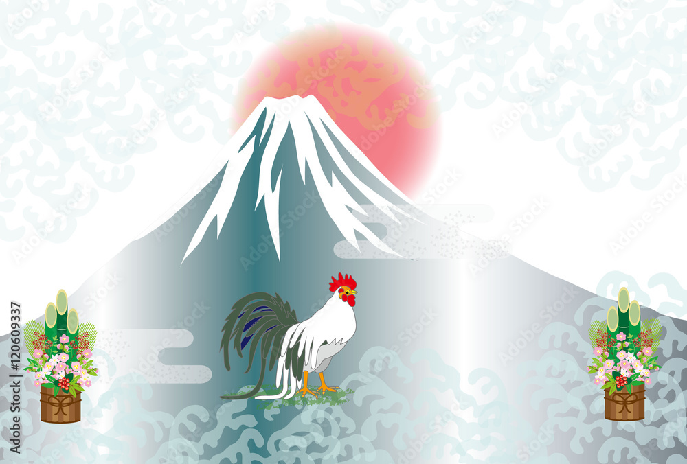 にわとりと富士山と門松のイラストepsベクター年賀状テンプレート素材 Stock Vector Adobe Stock