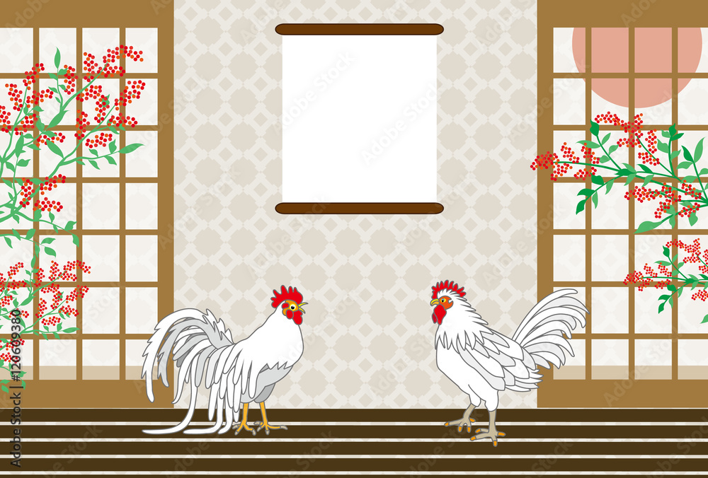 にわとりとナンテンと日の出のイラストepsベクター年賀状テンプレート素材 Stock ベクター Adobe Stock