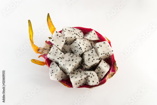 Dragon fruit served for a dessert on white background