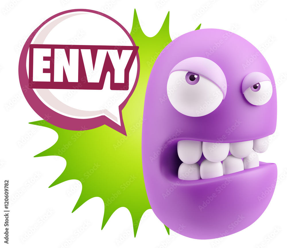 3d Illustration Angry Face Emoticon saying Envy with Colorful Sp
