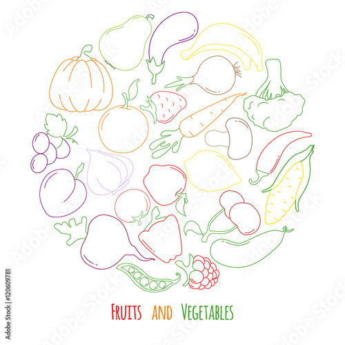 Vegetables and fruits in a flat style. Colored icons line. Vector illustration. Eco food menu background.