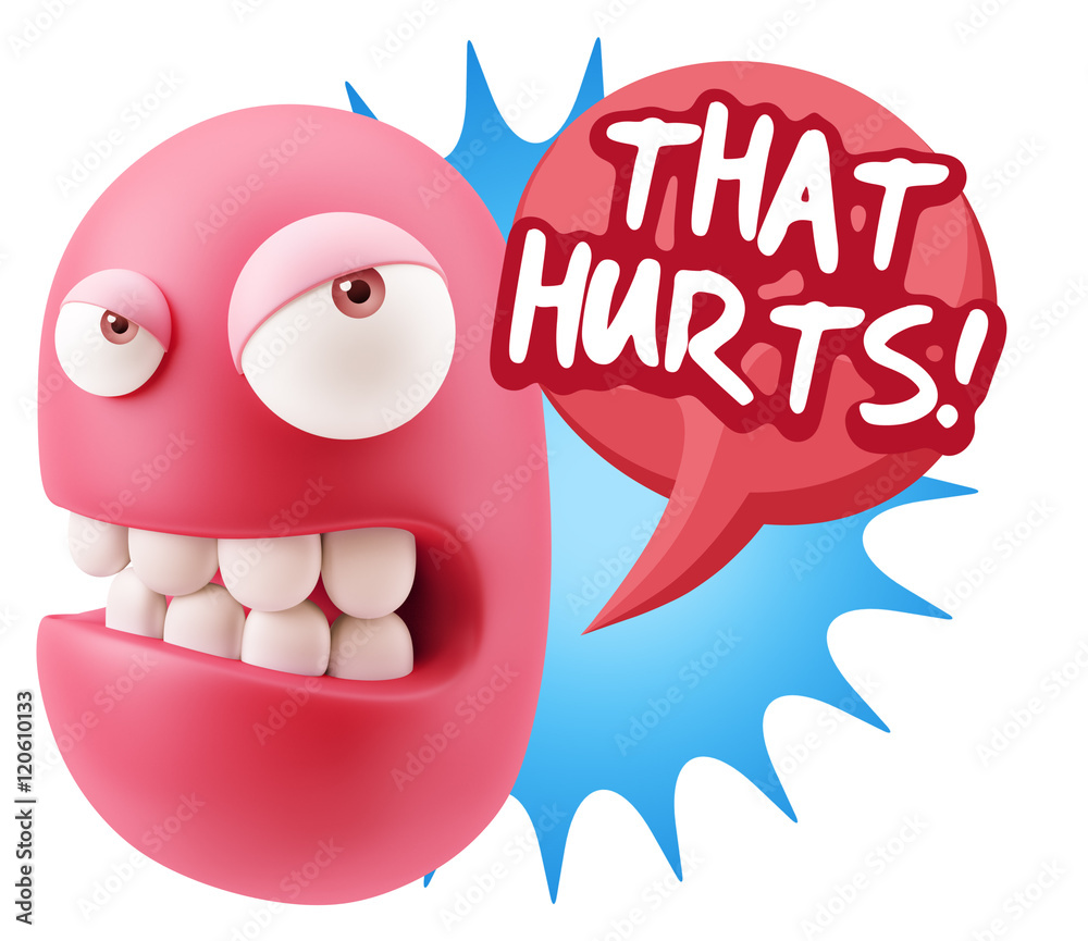 3d Illustration Angry Face Emoticon saying That Hurts with Color