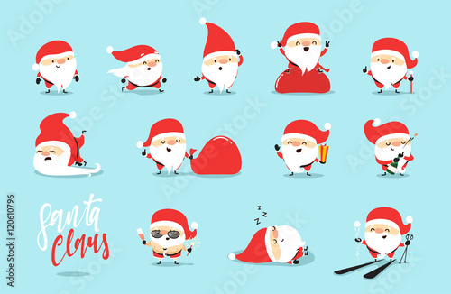 Santa Claus collection of Christmas. Funny cartoon character with different emotions. Santa Claus ready new year.