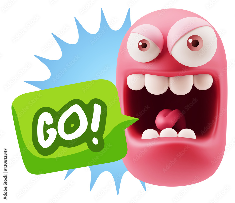 3d Illustration Angry Face Emoticon saying Go with Colorful Spee 3d Illustration Angry Face Emoticon saying Go with Colorful Spee
