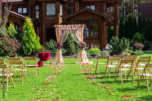 Beautiful setting for outdoors wedding ceremony. Decoration