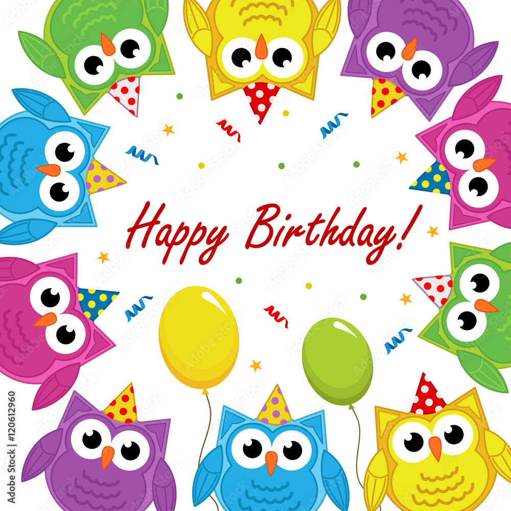 Naklejka birthday card with owls - vector illustration, eps