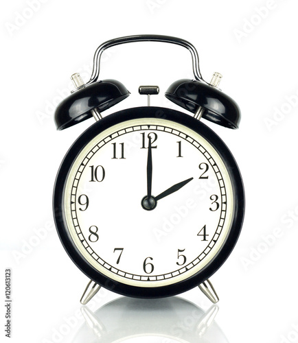 Alarm Clock isolated on white, in black and white, two o'clock.