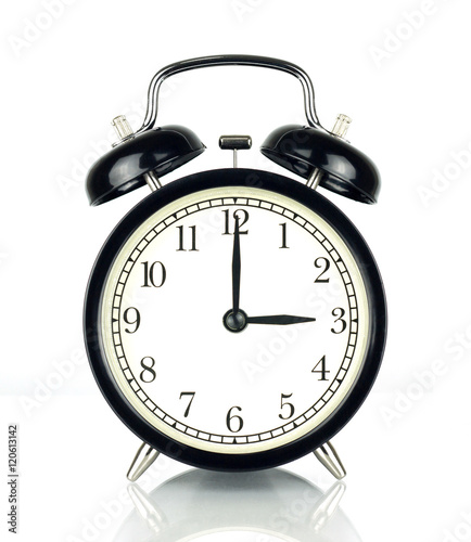 Alarm Clock isolated on white, in black and white, three o'clock.