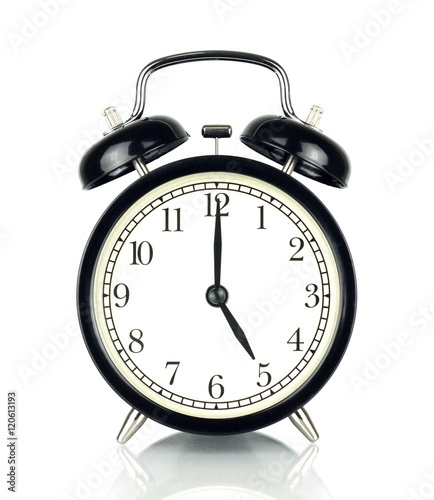 Alarm Clock isolated on white, in black and white, five o'clock.
