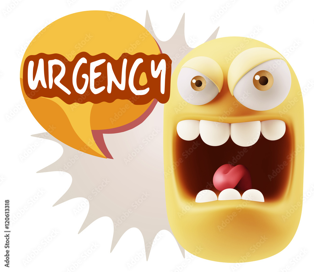 3d Illustration Angry Face Emoticon saying Urgency with Colorful