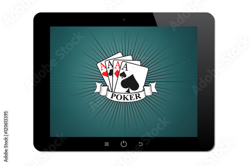The tablet on a white background. The application for the game of Poker and Casino. Poker and Casino logo. Pocket PC. Mobile apps.