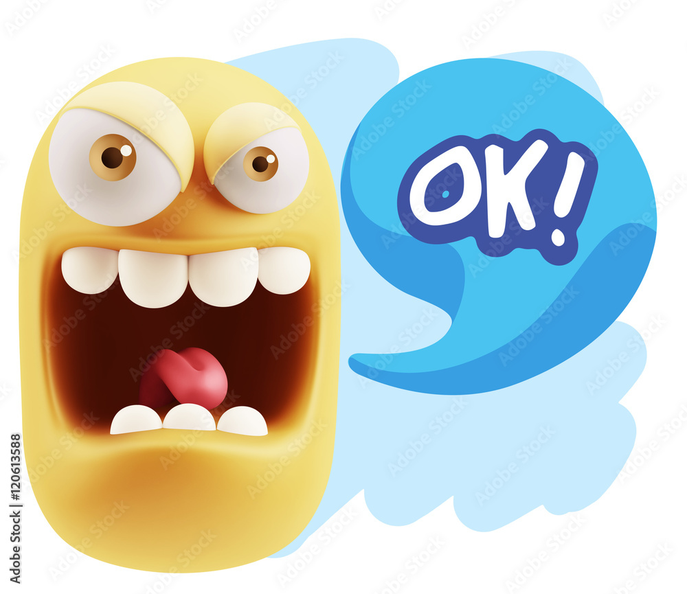 3d Illustration Angry Face Emoticon saying OK with Colorful Spee 3d Illustration Angry Face Emoticon saying OK with Colorful Spee