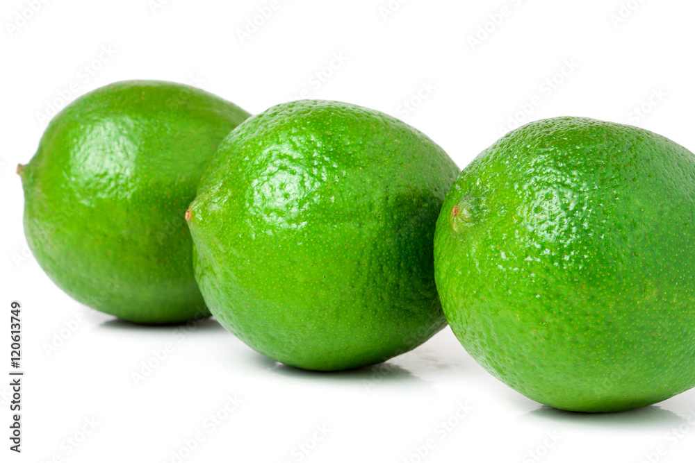 three lime isolated on white background close up three lime isolated on white background close up