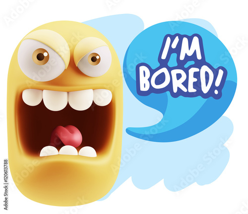 3d Illustration Angry Face Emoticon saying I'm Bored with Colorf