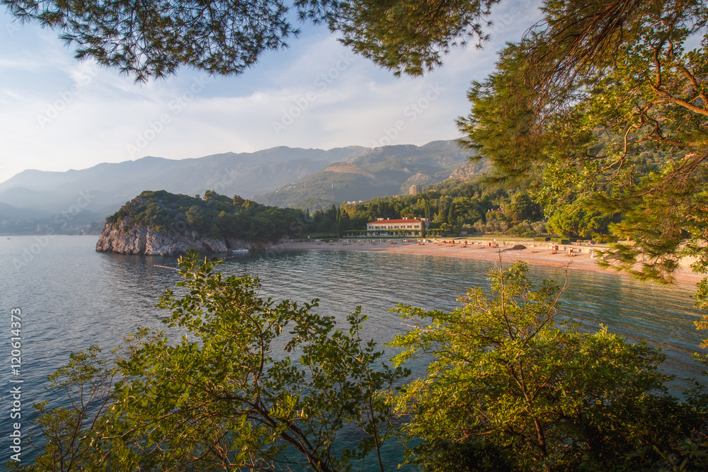 View of the Mediterranean sea and luxury hotel near beach. Milocer Park. Montenegro.
