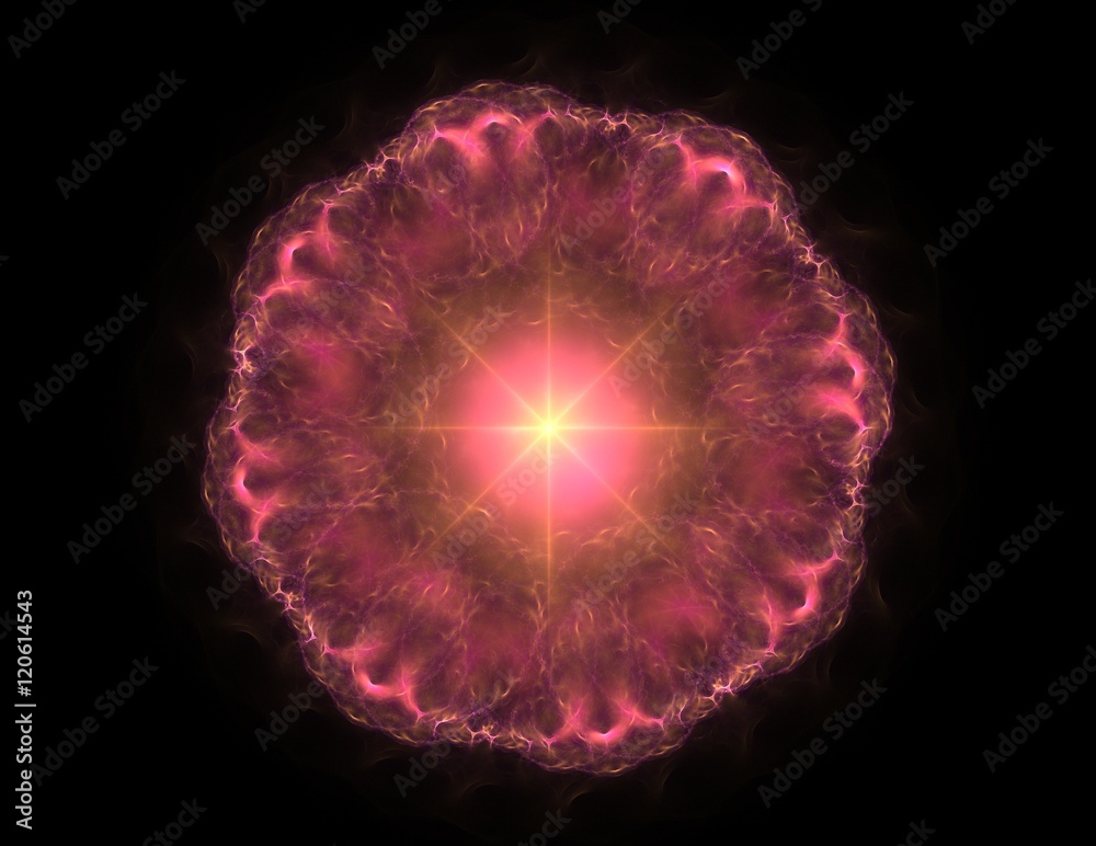 Naklejka premium Particles of abstract fractal forms on the subject of nuclear physics science and graphic design. Geometry sacred futuristic