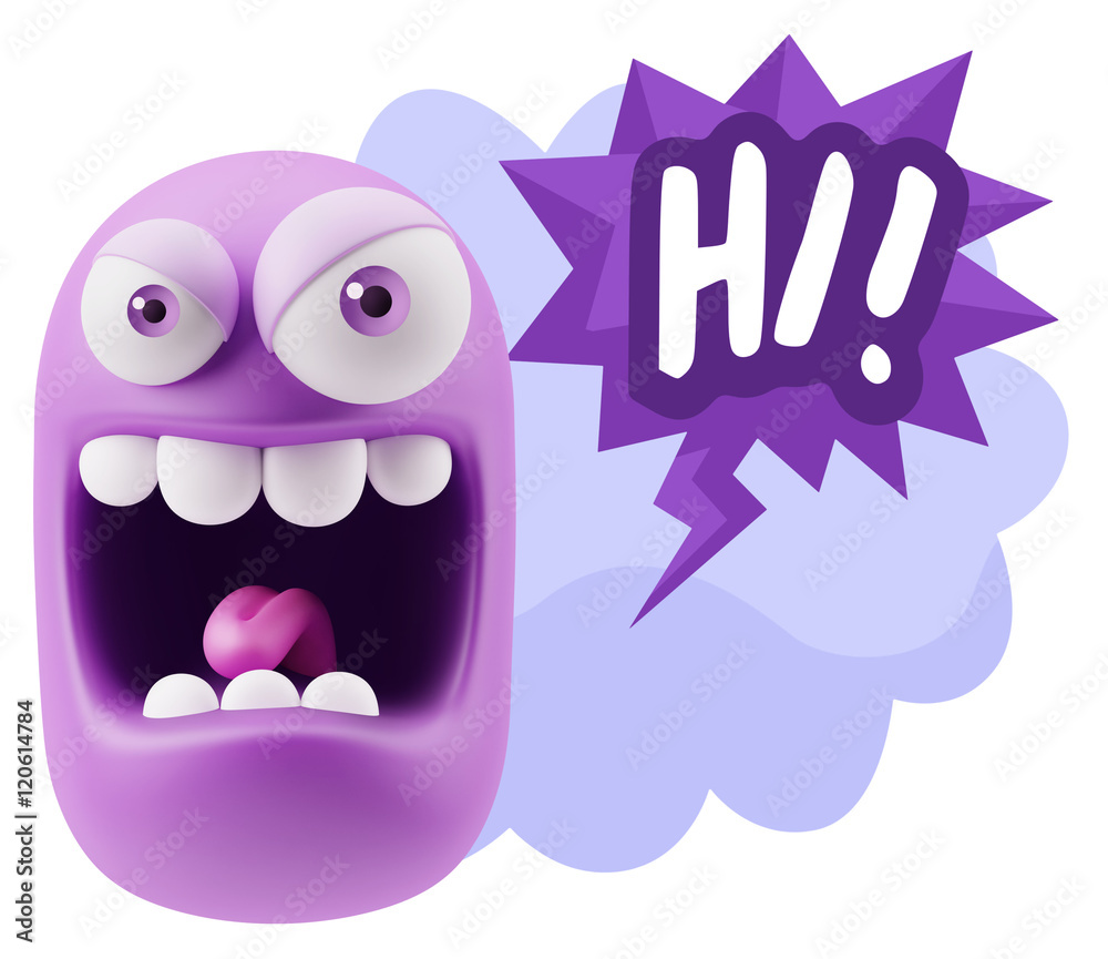 3d Illustration Angry Face Emoticon saying Hi with Colorful Spee 3d Illustration Angry Face Emoticon saying Hi with Colorful Spee