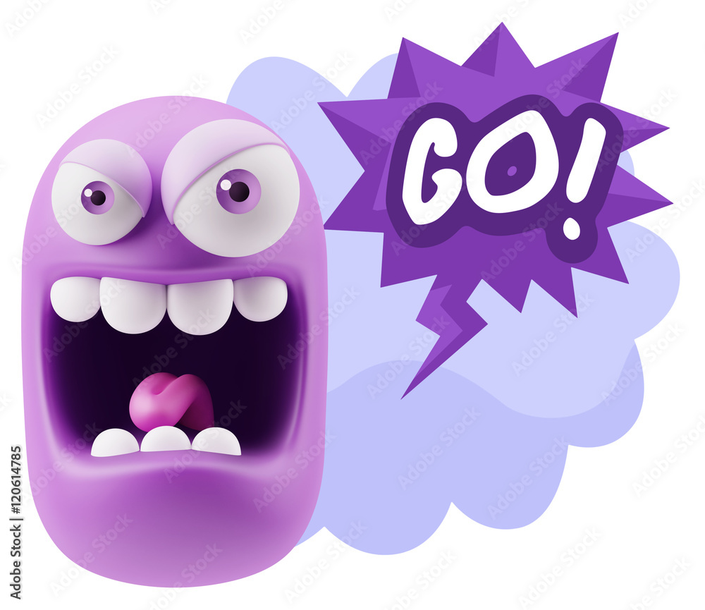 3d Illustration Angry Face Emoticon saying Go with Colorful Spee 3d Illustration Angry Face Emoticon saying Go with Colorful Spee