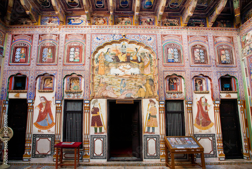 Frescos of old indian mansion in Rajasthan,  India