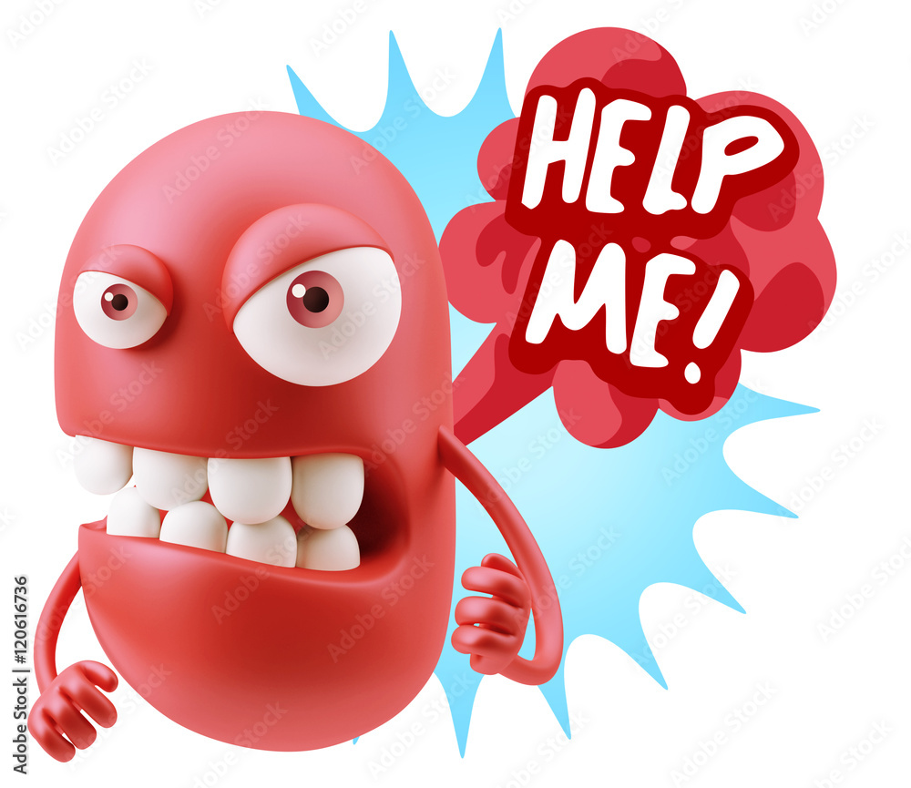 3d Rendering Angry Character Emoji saying Help me with Colorful