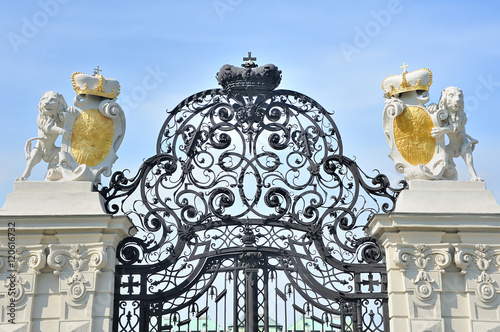 Lion Statue with Coat of Arms ont he gate of the  upper Belveder