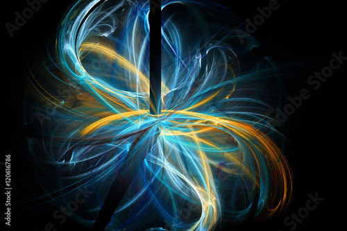 Abstract black, blue and gold fractal. Fractal art background for creative design. Decoration for wallpaper desktop, 

