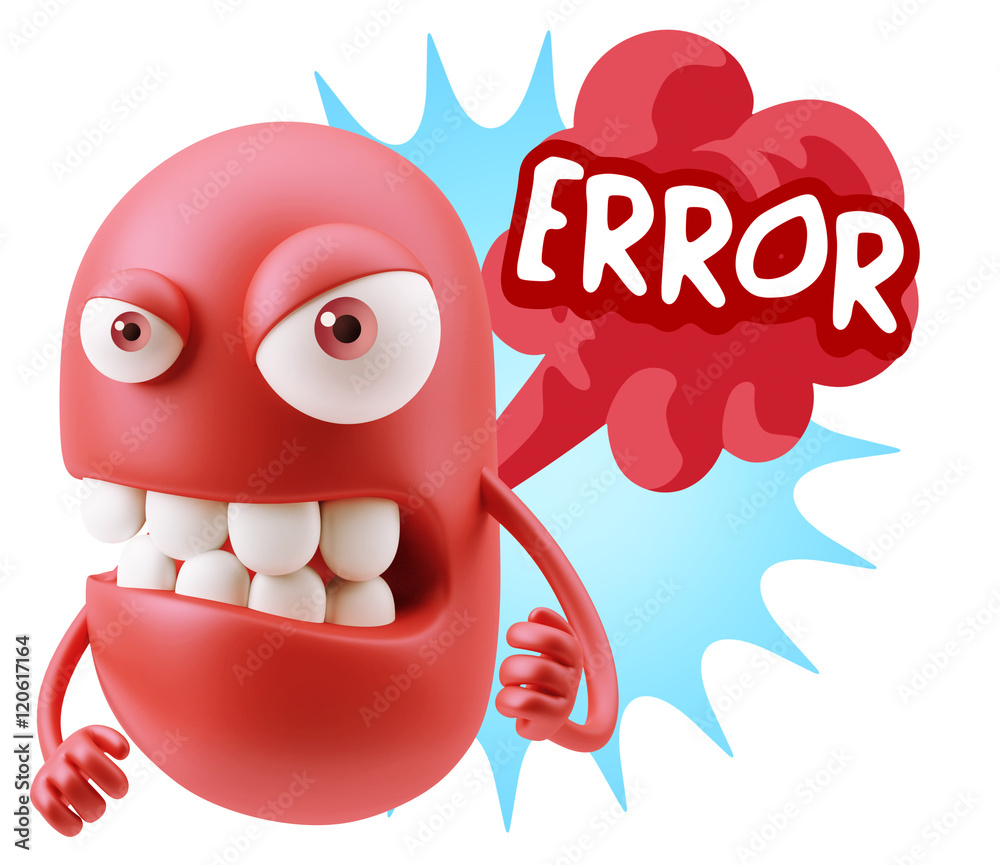 3d Rendering Angry Character Emoji saying Error with Colorful Sp