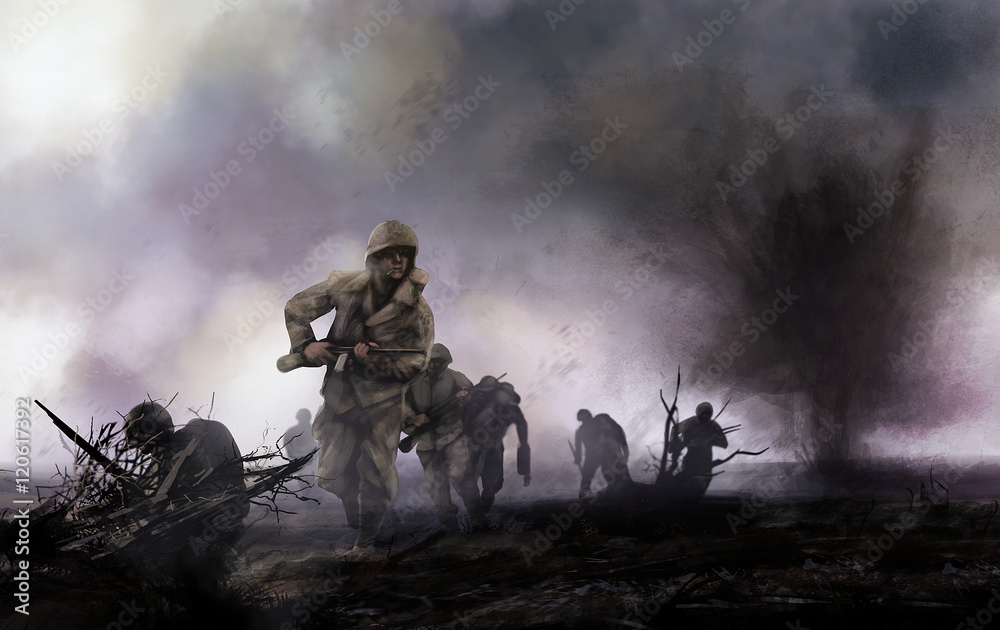 Fototapeta Amerykańscy żołnierze na polu bitwy. WW2 ilustracja plutonu żołnierzy amerykańskich atakuje na polu bitwy z eksplozji i mgły tle.