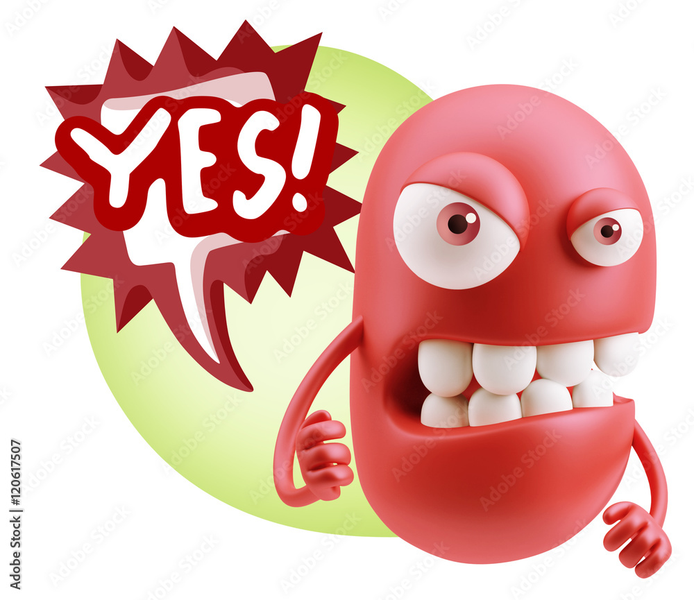 Obraz premium 3d Rendering Angry Character Emoji saying Yes with Colorful Spee