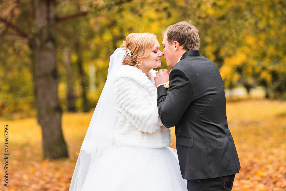 autumn wedding in the park, bride and groom