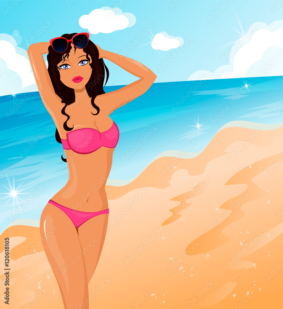 Slim woman in bikini standing on the sand beach