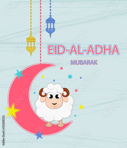 Festival of sacrifice Eid-Ul-Adha.  Lettering translates as Eid Al-Adha (feast of sacrifice). Greeting card. Moon, stars and lanterns.