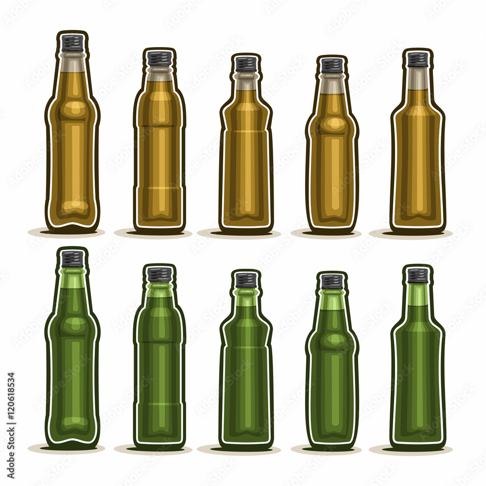 Vector Set logo Glass Bottles with metal cap for fizzy drink, collection of 10 plastic green and brown container bottle with lid for sesame oil or fruit beverage isolated on white background. Vector Set logo Glass Bottles with metal cap for fizzy drink, collection of 10 plastic green and brown container bottle with lid for sesame oil or fruit beverage isolated on white background.