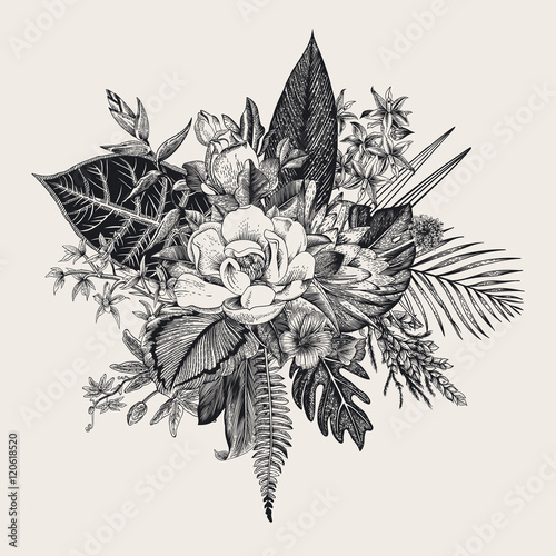 Bouquet of exotic flowers. Vintage vector illustration. Black and white photo