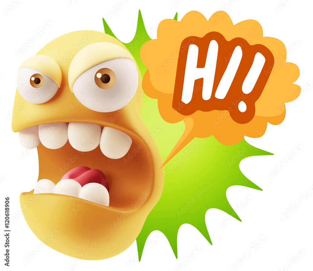 3d Rendering Angry Character Emoji saying Hi with Colorful Speec 3d Rendering Angry Character Emoji saying Hi with Colorful Speec