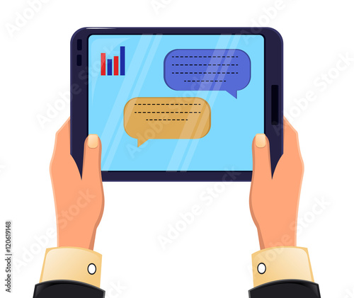 Tablet in man's hands. Message exchange. Icon modern technologies. Vector stock illustration