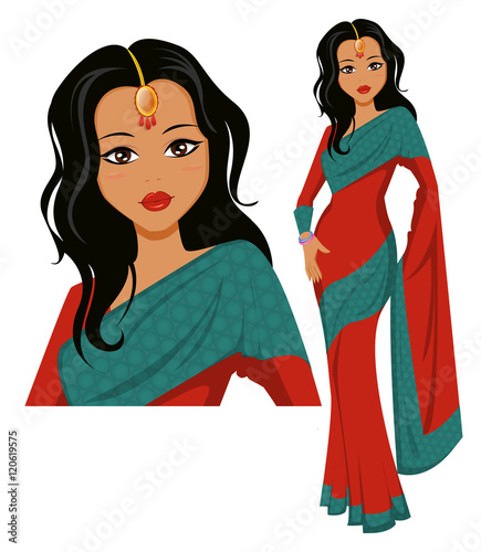 Cute Indian woman wearing a beautiful saree. Vector illustration. EPS10